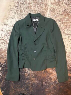 Zara Forest Green Ruched Waist Tailored Blazer